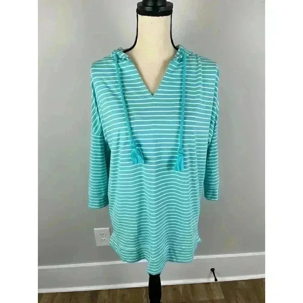 Coolibar Key Colony Beach Hoodie Blue Striped Tassel UPF 50 Stretch S